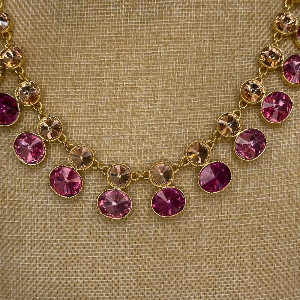 Talbots Gold and Pink Double Crystal Row Statement Necklace - Picture 4 of 10